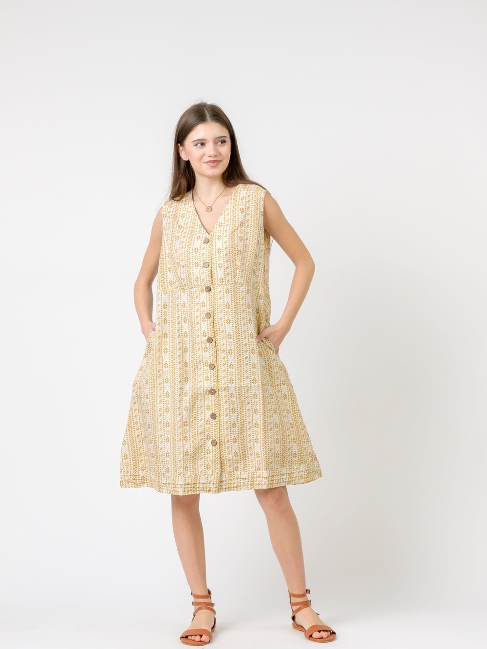 S/M Sleeveless Yellow Button-Front Midi Dress with Pockets Fall Autumn Casual